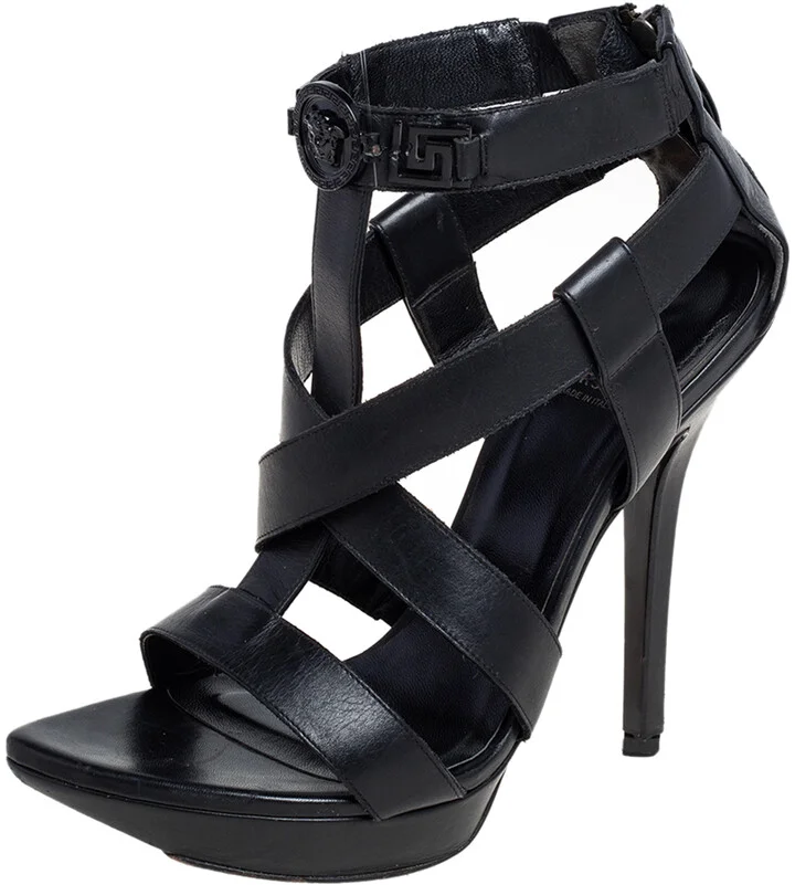 Versace Black Leather T Strappy Platform Sandals Size 37.5