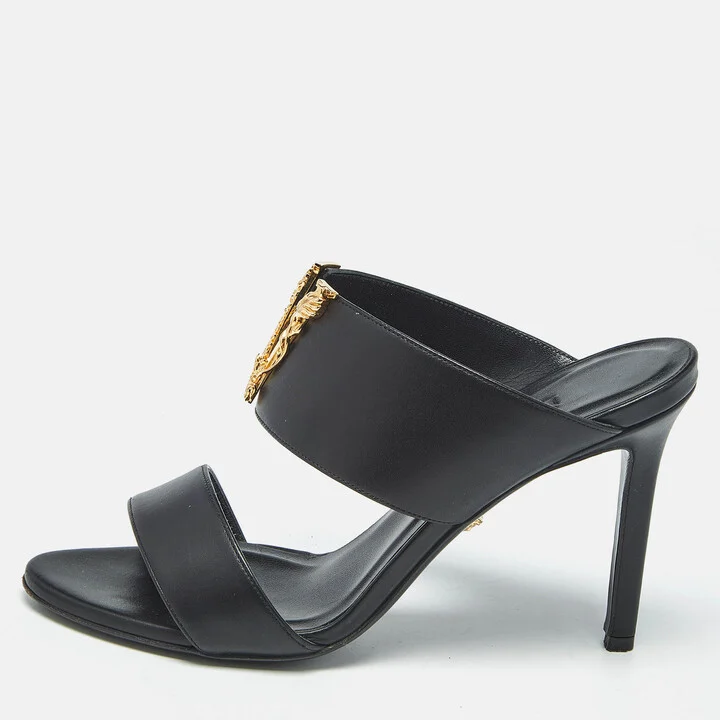 Versace Black Leather Virtus Slide Sandals Size 37