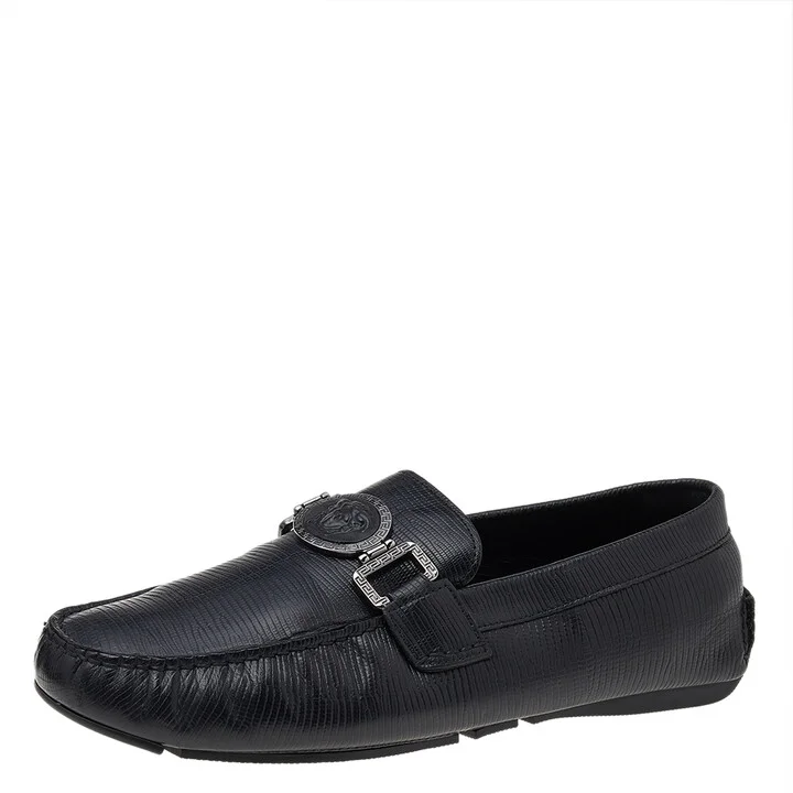 Versace Black Lizard Leather Medusa Slip On Loafers Size 41