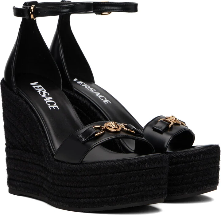 Versace Black Medusa '95 Leather Wedge Sandals - Image 4