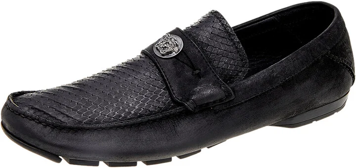 Versace Black Nubuck Leather and Python Medusa Loafers Size 41