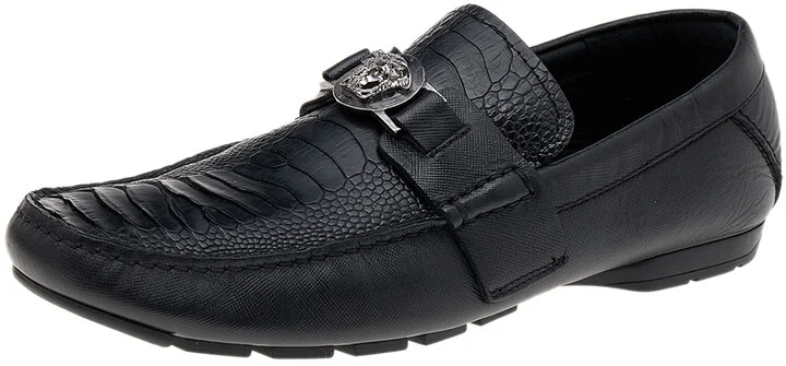 Versace Black Ostrich Leather Medusa Slip On Loafers Size 41