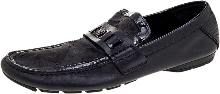 Versace Black Patent Leather And Signature Canvas Medusa Detail Slip On Loafers Size 44