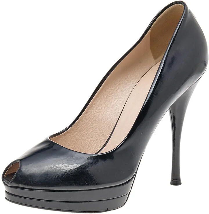 Versace Black Patent Leather Peep Toe Platform Pumps Size 38