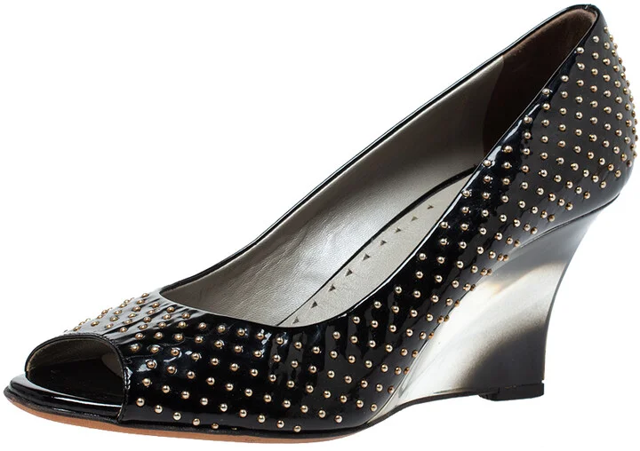 Versace Black Patent Studded Peep Toe Pumps Size 37