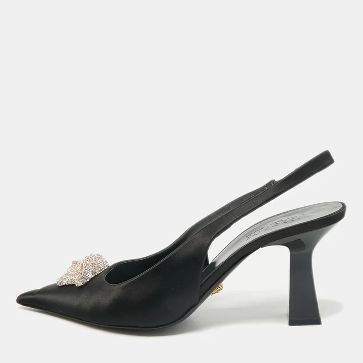 Versace Black Satin Crystal Embellished La Medusa Slingback Pumps Size 40
