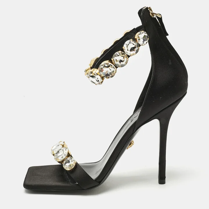 Versace Black Satin Crystals Embellished Ankle Strap Sandals Size 37