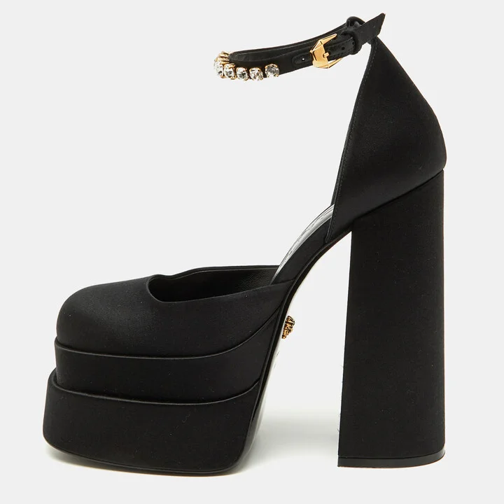 Versace Black Satin Medusa Aevitas Double Platform Pumps Size 38