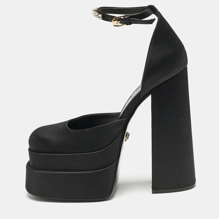 Versace Black Satin Medusa Aevitas Double Platform Pumps Size 39