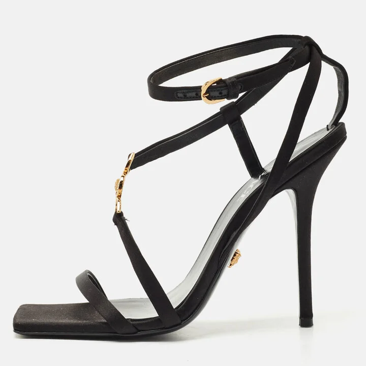 Versace Black Satin Medusa T-Strap Sandals Size 39