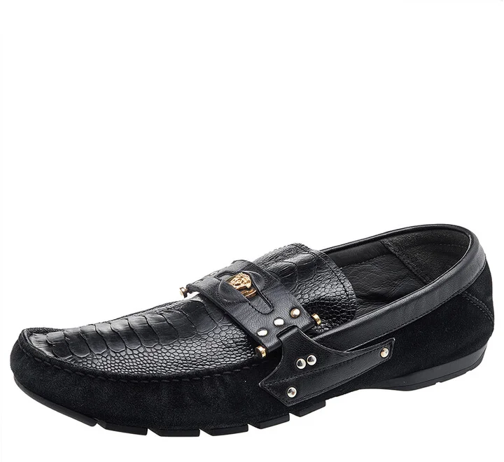Versace Black Suede And Crocodile Leather Medusa Slip On Loafers Size 44