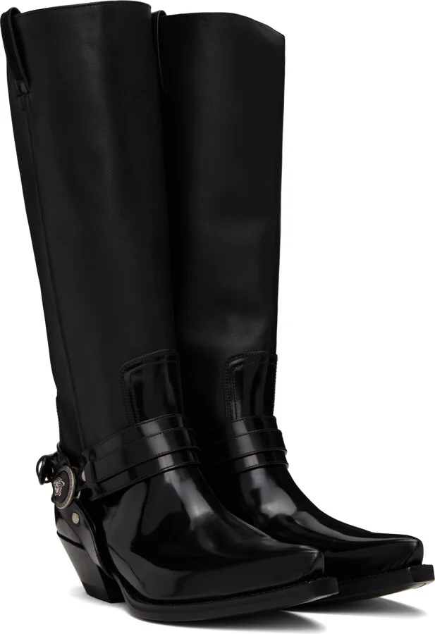 Versace Black Texano Knee-High Tall Boots - Image 4