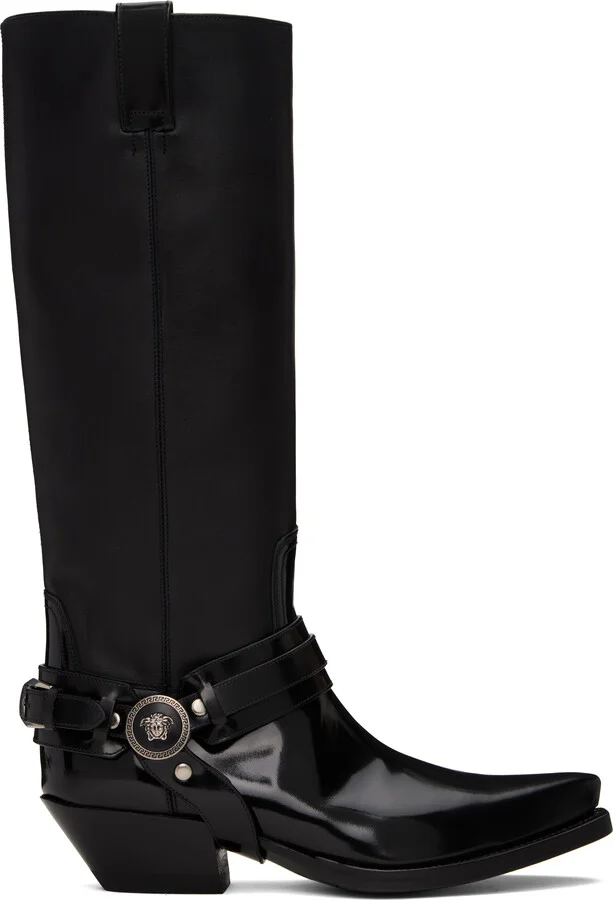 Versace Black Texano Knee-High Tall Boots