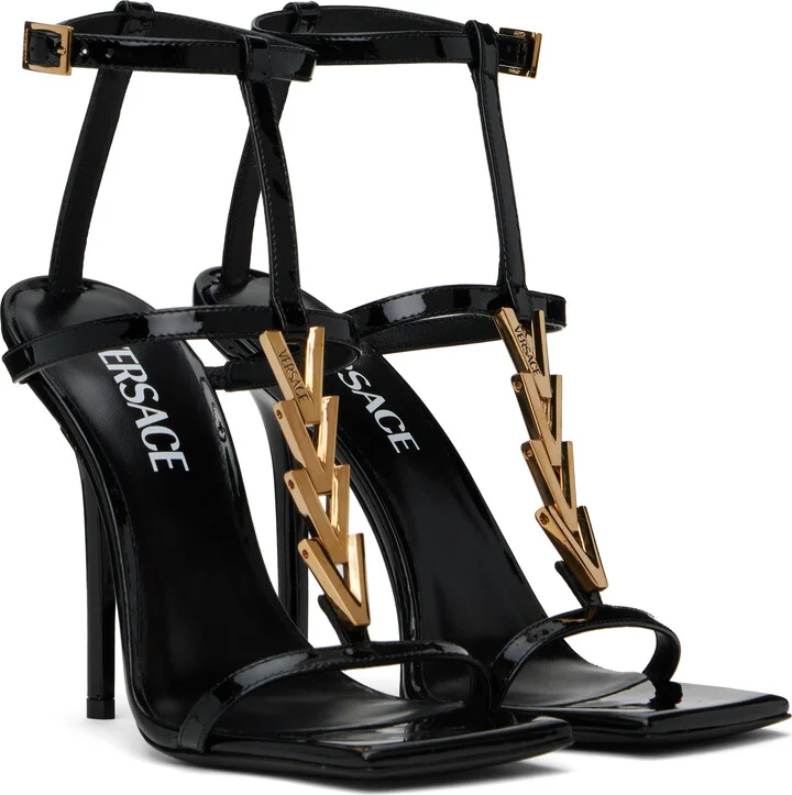 Versace Black V2025 Chain Patent 105 mm Heeled Sandals - Image 4