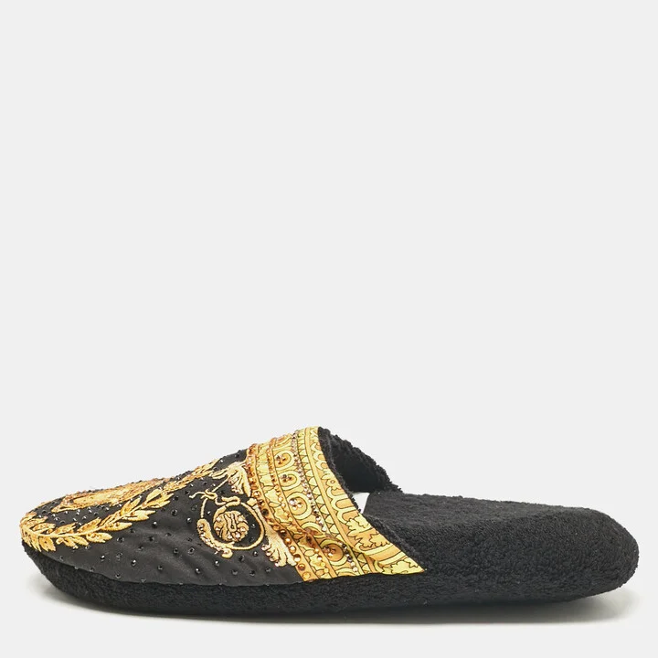 Versace Black/Yellow Fabric Crystal Embellished I Love Baroque Print Mules Size S