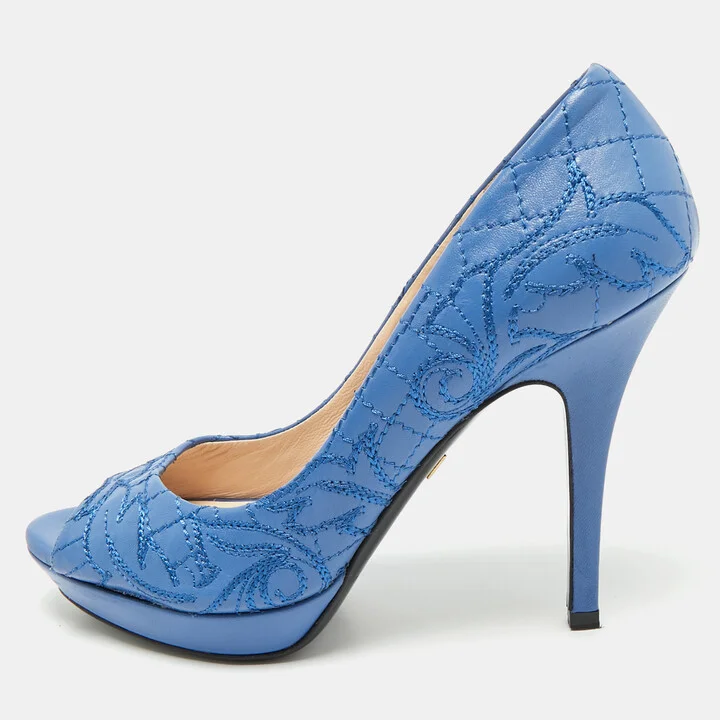 Versace Blue Embroidered Leather Peep Toe Platform Pumps Size 38