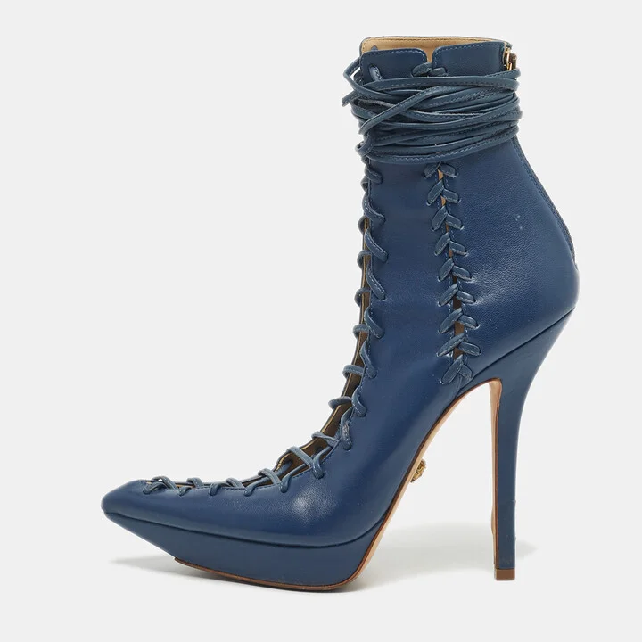Versace Blue Leather Lace Up Ankle Length Boots Size 40