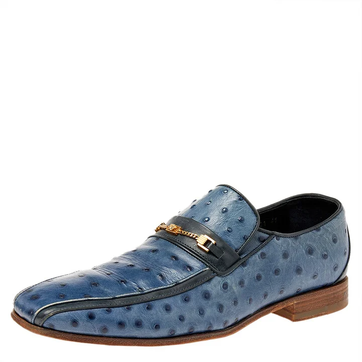 Versace Blue Ostrich Leather Medusa Chain Detail Loafers Size 41