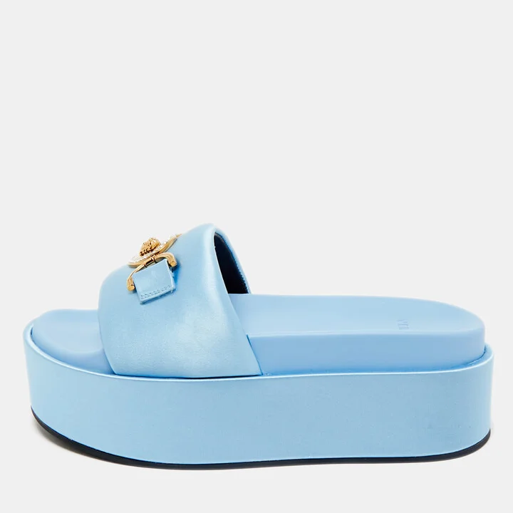 Versace Blue Satin Medusa Biggie Platform Slide Sandals Size 38