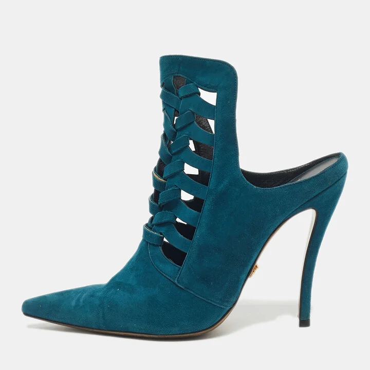 Versace Blue Suede Cutout Pointed Toe Mules Size 39