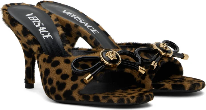 Versace Brown & Black Leopard Opera Bow 85 mm Heeled Sandals - Image 4
