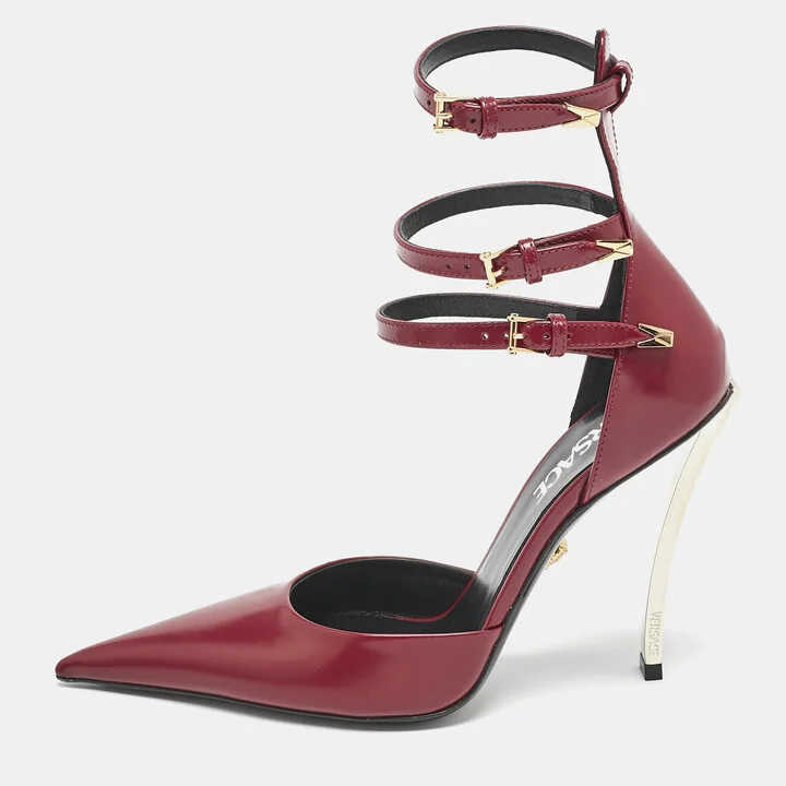 Versace Burgundy Brushed Leather Pin-Point Ankle Strap Pumps Size 36