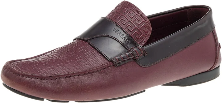Versace Burgundy Monogram Embossed Leather Slip On Loafers Size 43