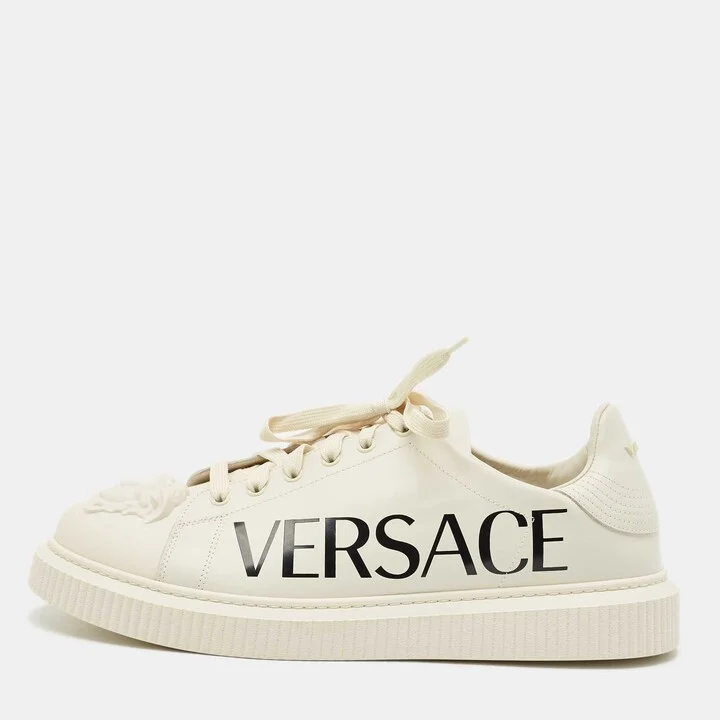 Versace Cream Leather Medusa Logo Low Top Sneakers Size 45
