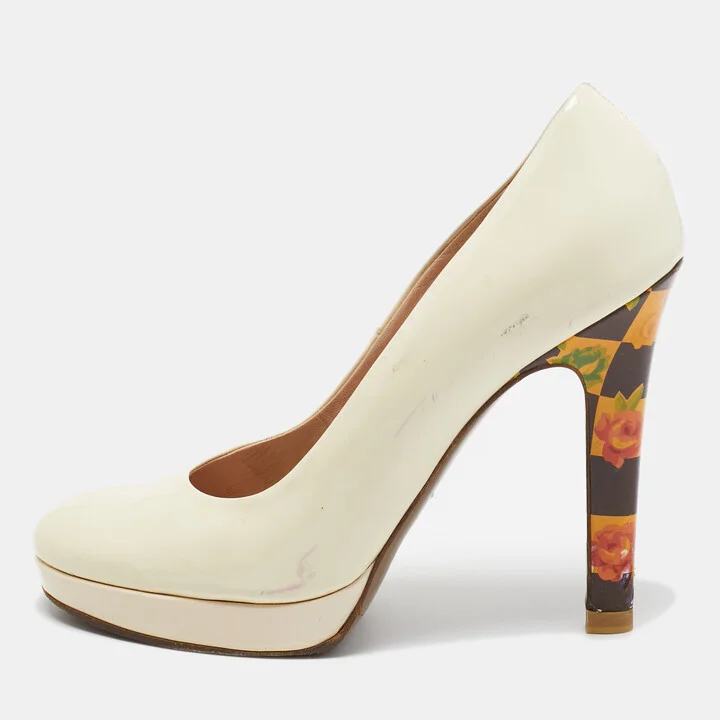 Versace Cream Patent Leather Floral Heel Platform Pumps Size 40
