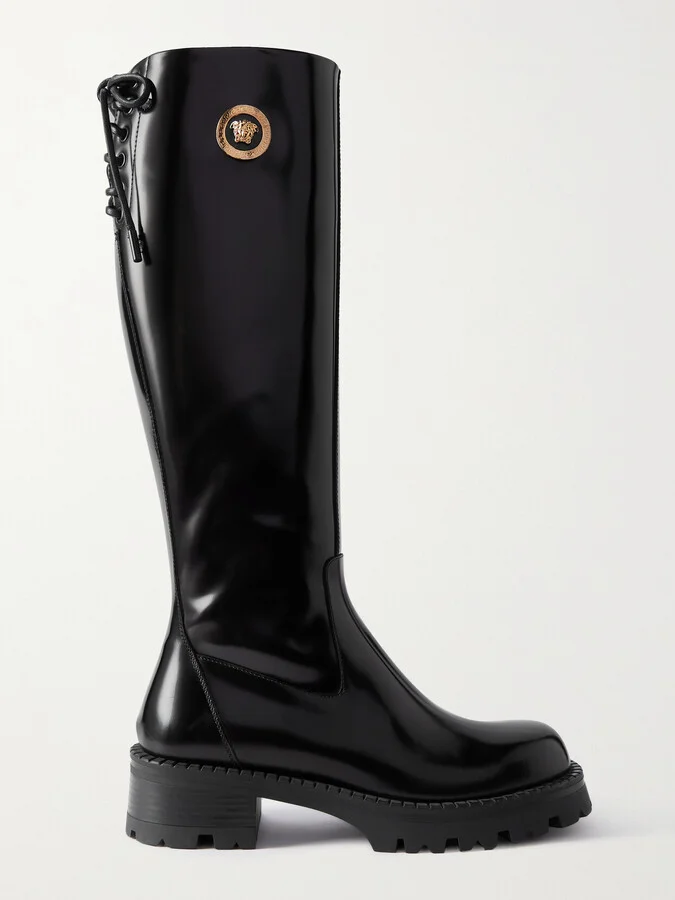 Versace - Embellished Glossed-leather Knee Boots - Black