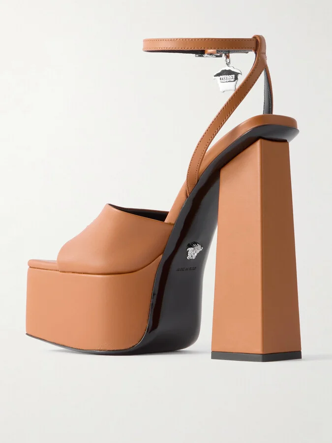 Versace - Embellished Leather Platform Sandals - Brown - Image 3
