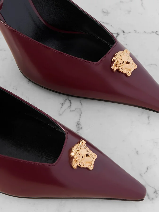 Versace - Embellished Leather Pumps - Burgundy - Image 4