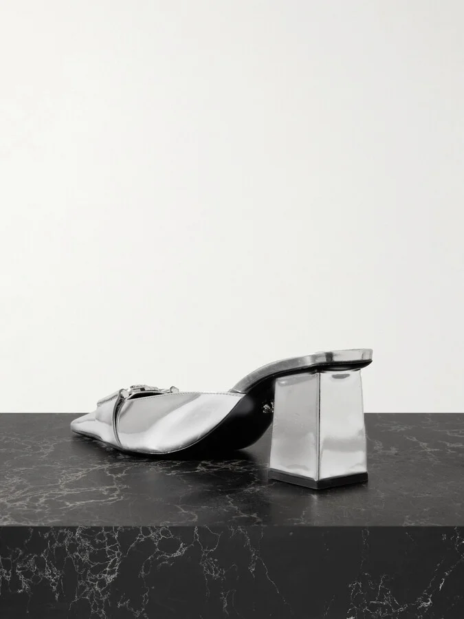 Versace - Embellished Mirrored-leather Mules - Silver - Image 3