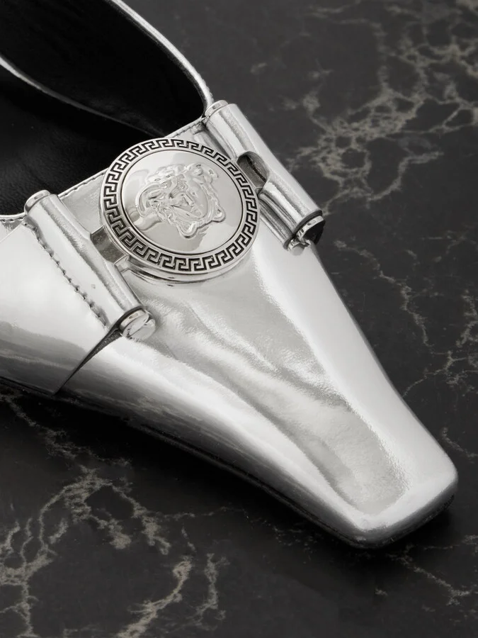 Versace - Embellished Mirrored-leather Mules - Silver - Image 4