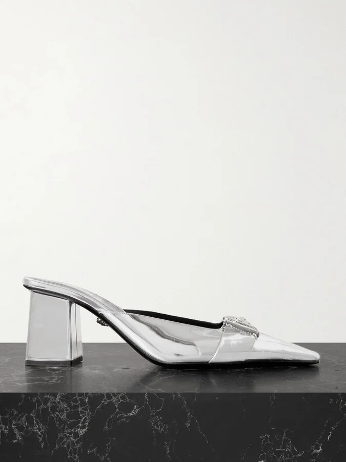 Versace - Embellished Mirrored-leather Mules - Silver