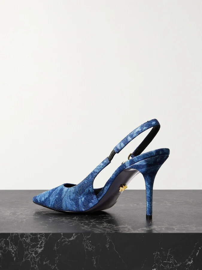 Versace - Embellished Printed Denim Slingback Pumps - Blue - Image 3