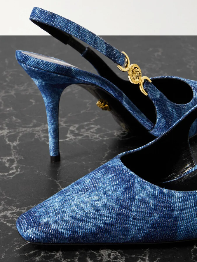 Versace - Embellished Printed Denim Slingback Pumps - Blue - Image 4