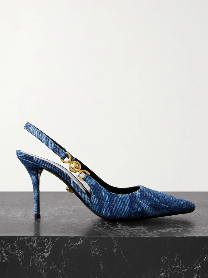 Versace - Embellished Printed Denim Slingback Pumps - Blue
