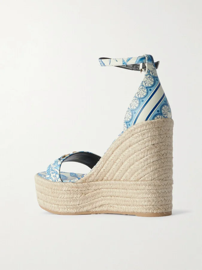 Versace - Embellished Printed Leather Espadrille Wedge Sandals - Blue - Image 3