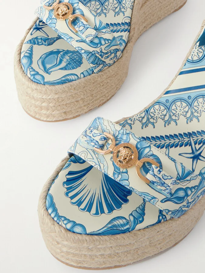 Versace - Embellished Printed Leather Espadrille Wedge Sandals - Blue - Image 4