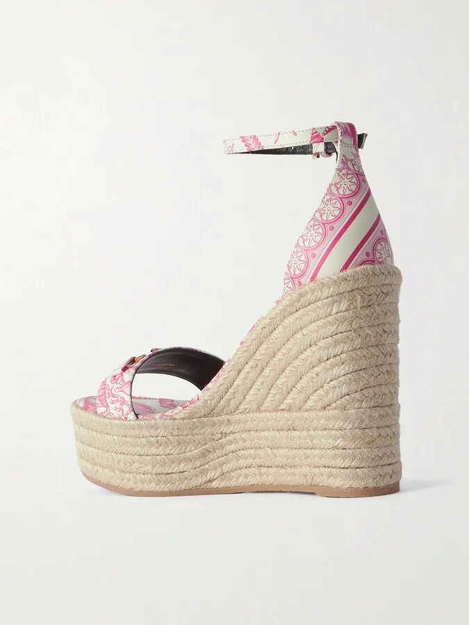 Versace - Embellished Printed Leather Espadrille Wedge Sandals - Pink - Image 3