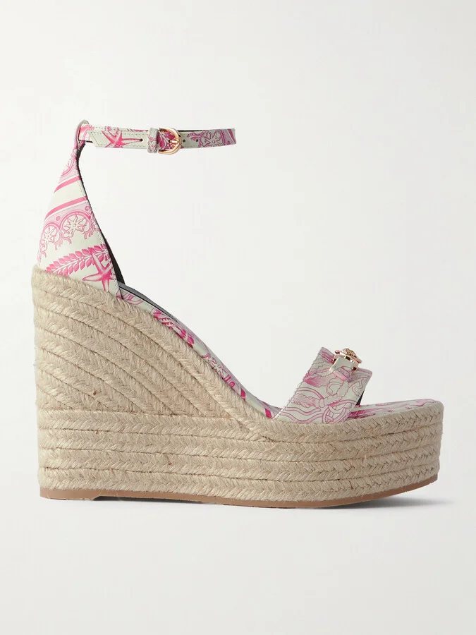 Versace - Embellished Printed Leather Espadrille Wedge Sandals - Pink