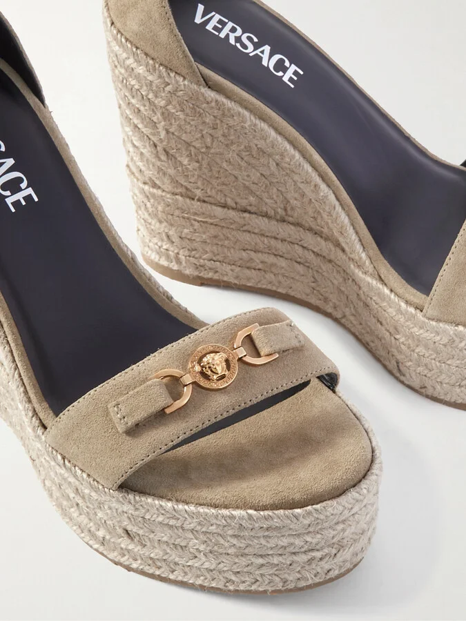 Versace - Embellished Suede Espadrille Wedge Sandals - Brown - Image 4