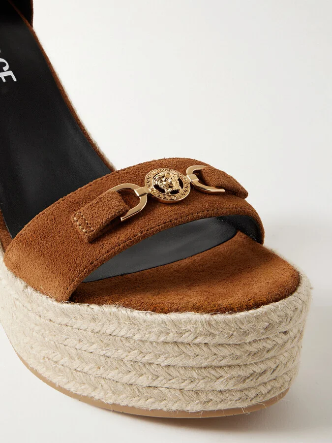 Versace - Embellished Suede Espadrille Wedge Sandals - Brown - Image 4