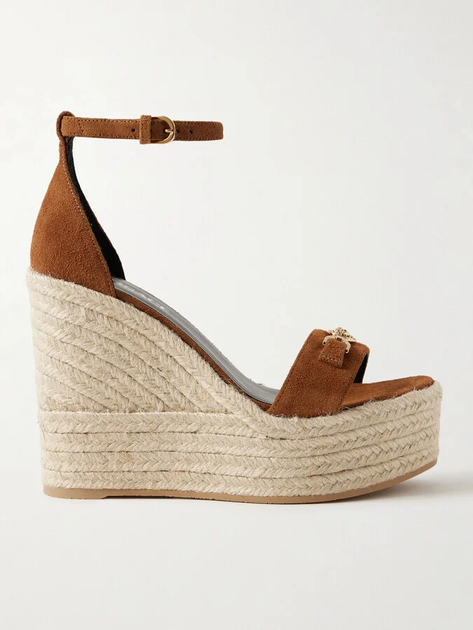 Versace - Embellished Suede Espadrille Wedge Sandals - Brown