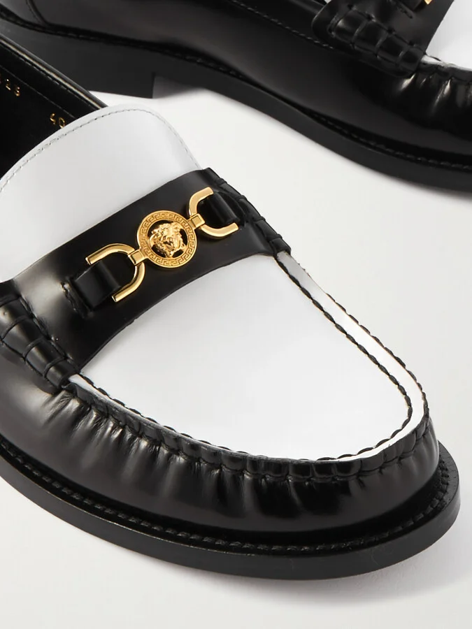 Versace - Embellished Two-tone Leather Penny Loafers - Black - Image 4