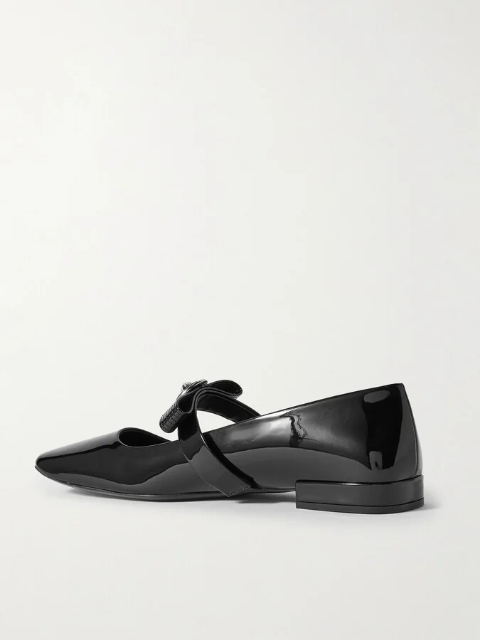 Versace - Gianni Ribbon Embellished Patent-leather Mary Jane Ballet Flats - Black - Image 3