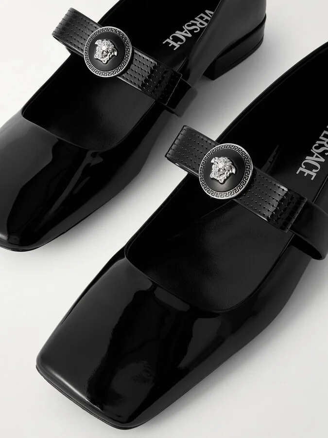 Versace - Gianni Ribbon Embellished Patent-leather Mary Jane Ballet Flats - Black - Image 4