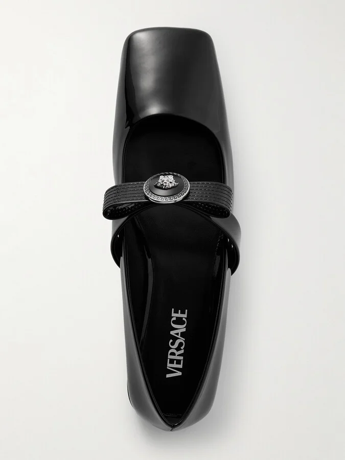 Versace - Gianni Ribbon Embellished Patent-leather Mary Jane Ballet Flats - Black - Image 5