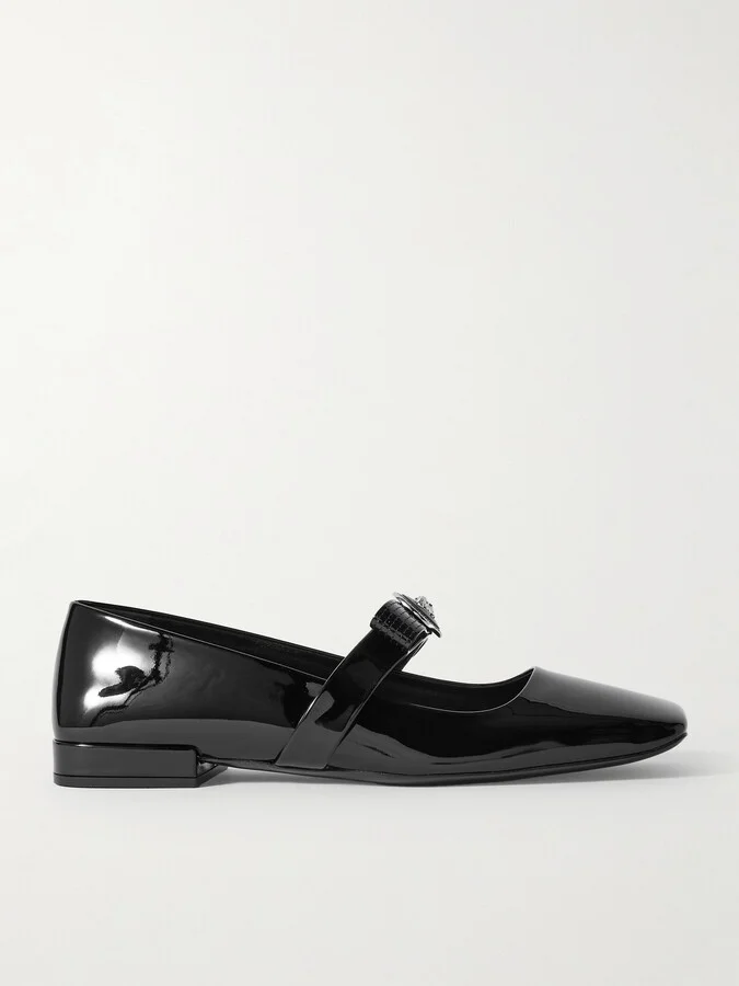 Versace - Gianni Ribbon Embellished Patent-leather Mary Jane Ballet Flats - Black